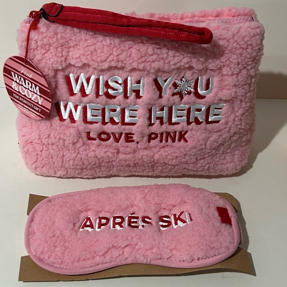 PINK Victoria’s Secret Sherpa Cosmetic Bag + Eye Mask Set NWT - Picture 2 of 8